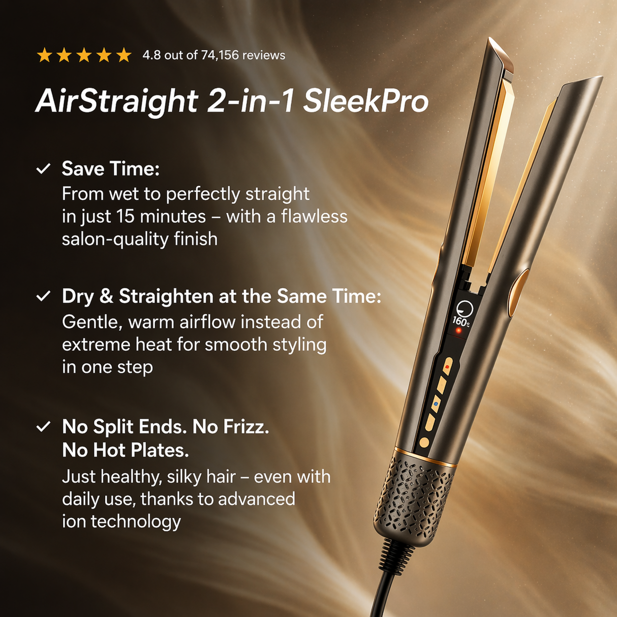 Hair straightener with text highlighting features on a blurred hair background