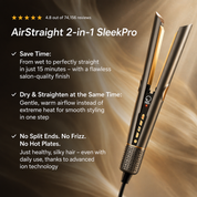 Hair straightener with text highlighting features on a blurred hair background